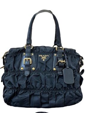 Prada Tessuto Gaufre Nylon Black Satchel Bag – Pleated, Leather Trim